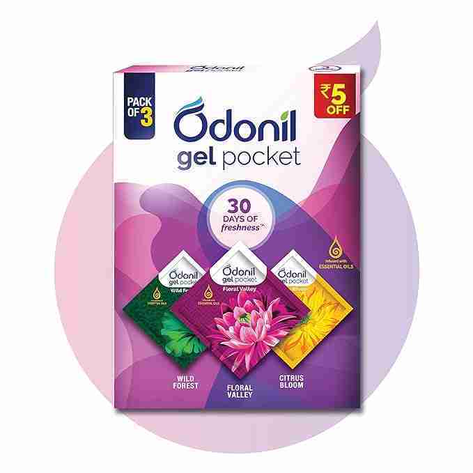 Odonil Gel Pocket Mix - 30g (Assorted pack of 3 new fragrances) | Infused with Essential Oils | Germ Protection | Lasts Up to 30 days