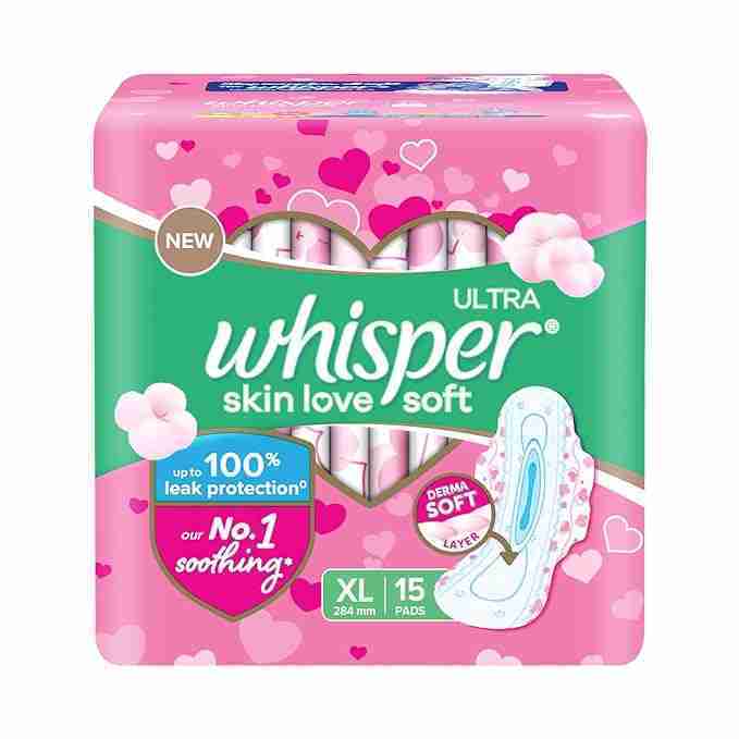 WHISPER ULTRA SKIN LOVE SOFT SANITARY PADS, 15 XL PADS, COTTONY SOFT, OUR #1 SOFTNESS, IRRITATION FREE, FOR INTIMATE SKIN, DISPOSABLE WRAPPER