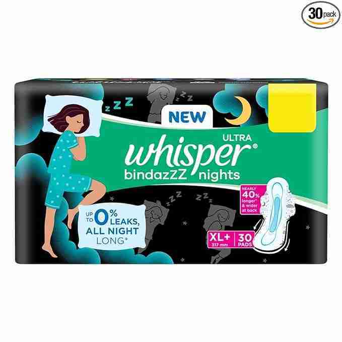 WHISPER BINDAZZZ NIGHTS SANITARY PADS, 30 XL+ PADS, UPTO 0% LEAKS ALL NIGHT LONG, FOR HEAVY FLOW, 40% LONGER & WIDER BACK