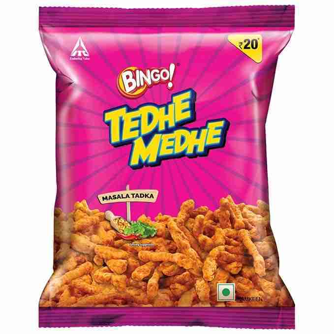 ITC Bingo! Tedhe Medhe Masala Tadka, 90g, Spindle Shaped Crunchy Snack with Indian Masala Flavour Perfect for Snacking