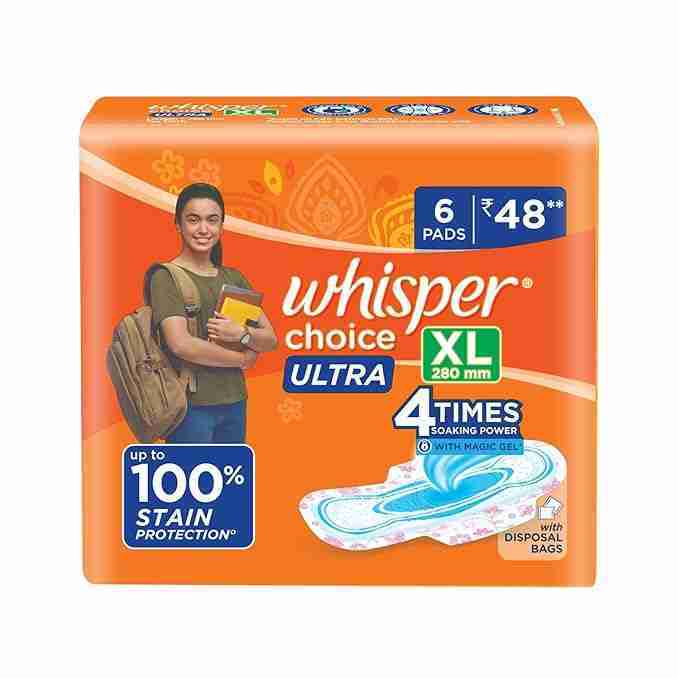 Whisper Choice Ultra Sanitary Pads,6 Xl Pads,Upto 100% Stain Protection All Day,Thin Pads With Magic Gel That Locks Liquid