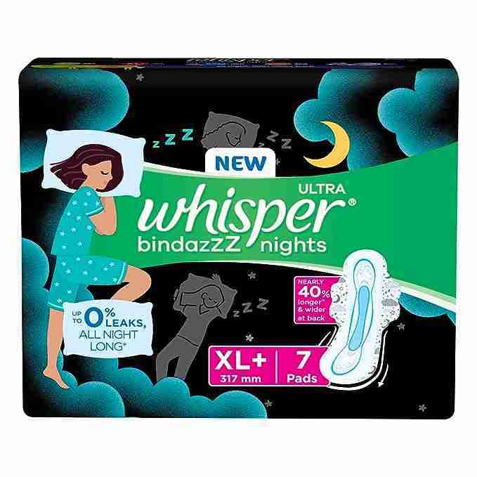 WHISPER BINDAZZZ NIGHTS SANITARY PADS, 7 XL+ PADS, UPTO 0% LEAKS ALL NIGHT LONG, FOR HEAVY FLOW,